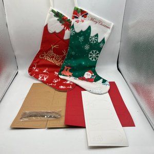 2 Christmas Stocking and Name Tag Set Santa Reindeer Sleigh